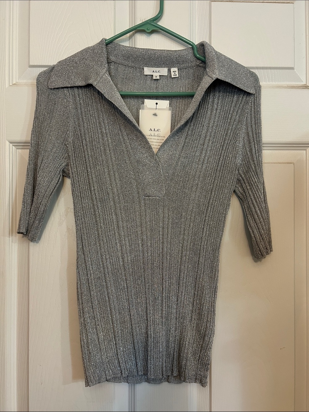 A.L.C. Joey Metallic Silver Ribbed V-Neck Polo Elbow Length Sleeves Top Sweater - Picture 3 of 9